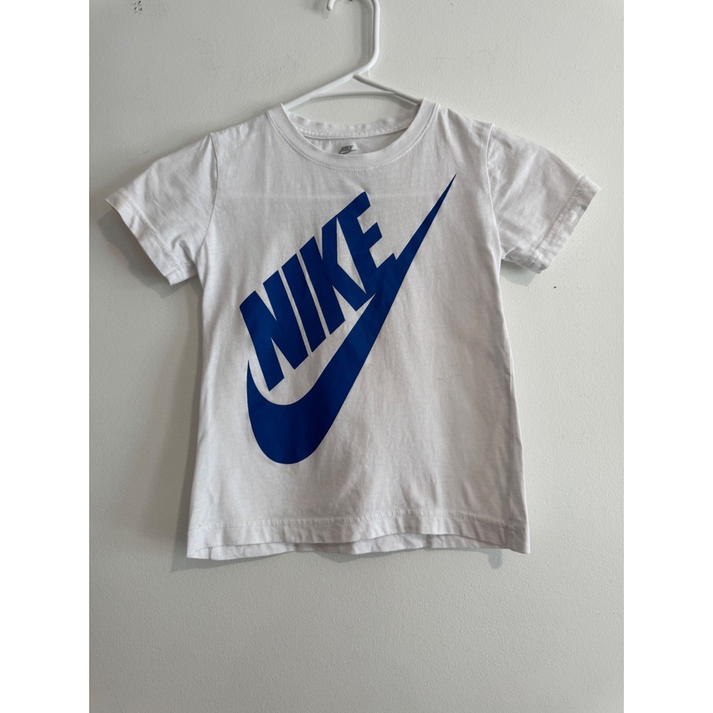 Nike Futura Logo Graphic Tee Kids Small 4-5 White Blue Swoosh Short Sleeve
